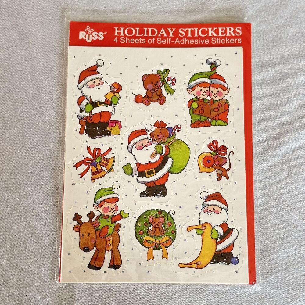 Vintage 80s RUSS Holiday Christmas Stickers Santa Elves Reindeer Teddy Bear NOS